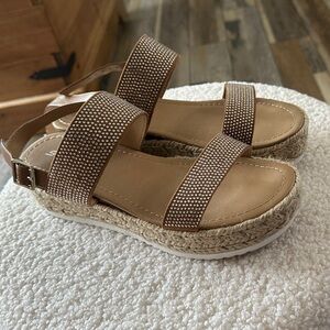 Womens Tan Espadrille Platform Sandals with Embellished Straps